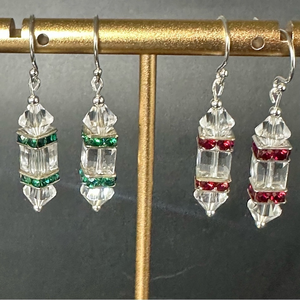 Handmade Swarovski Crystal Holiday Earrings Sterling Silver Red & Green Sparkle